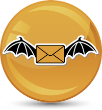 an orange button with an envelope and bats on it